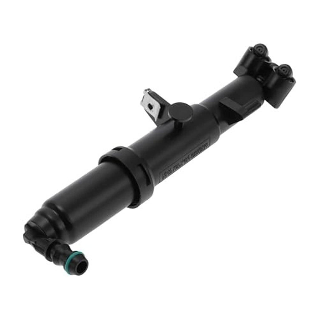 Black headlight washer nozzle with bracket mount, dual connectors, and green-tipped inlet