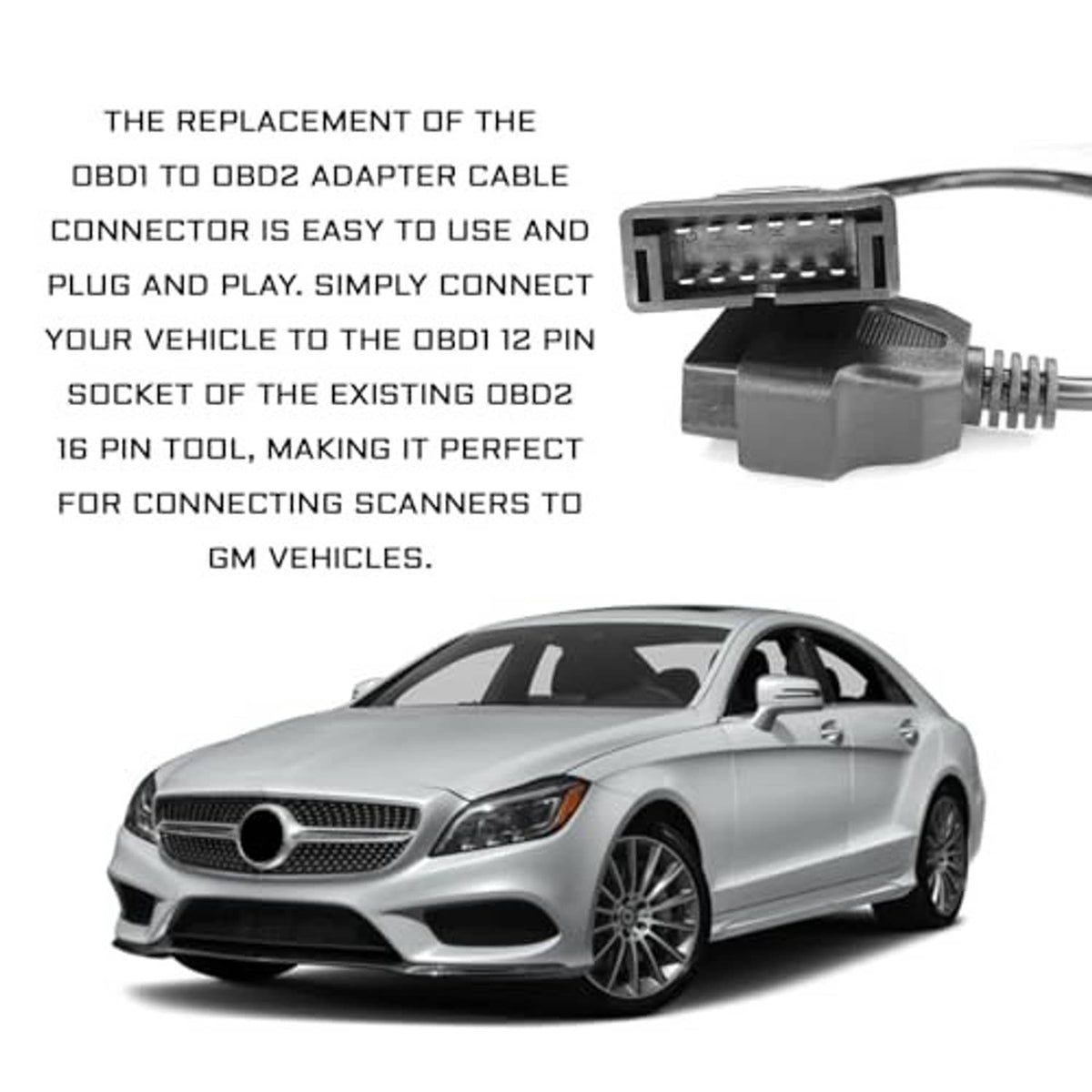 OBD adapter cable showing black 12-pin and black 16-pin connectors side by side