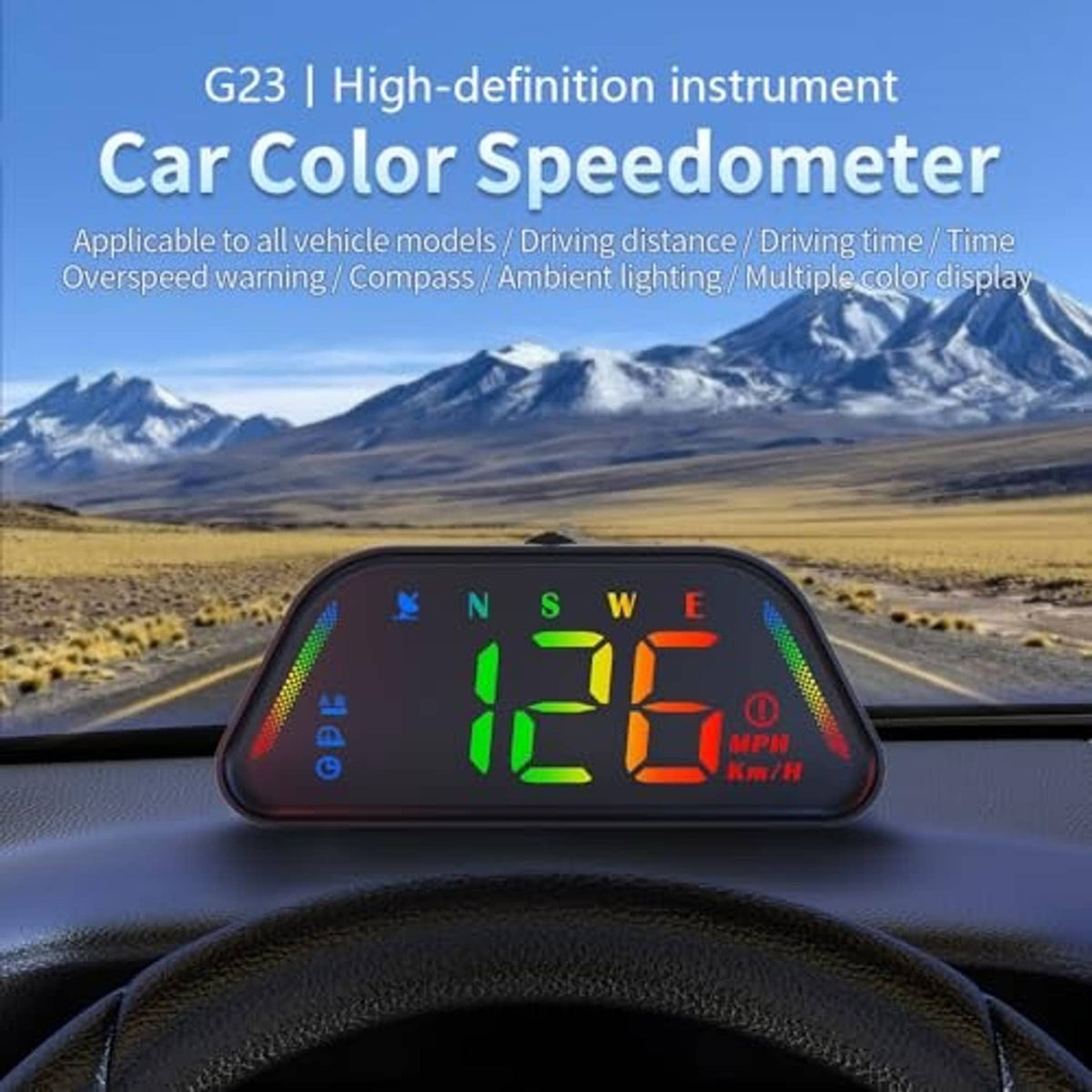Universal car HUD GPS speedometer on dashboard with multi-color speed display
