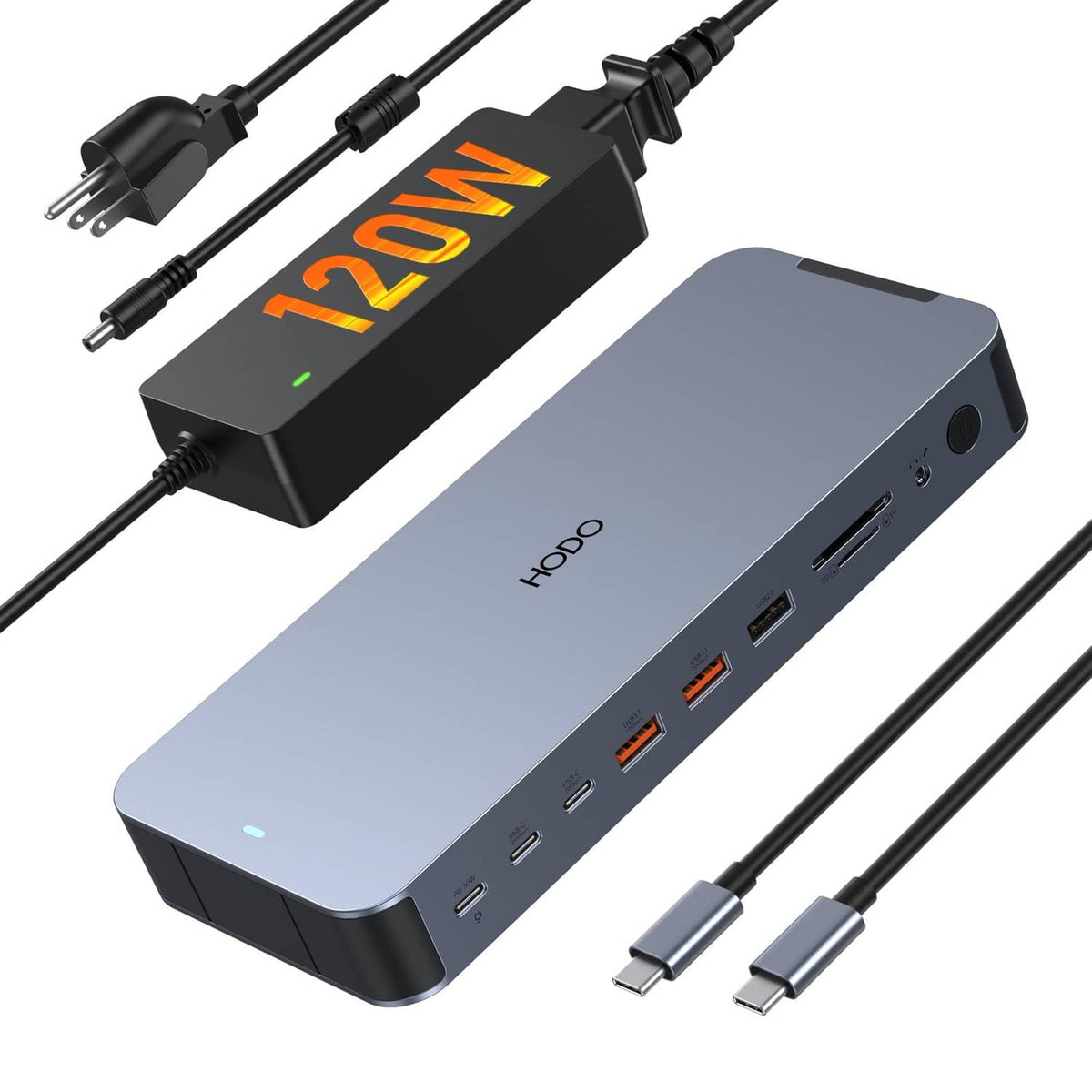 Gray laptop docking station with multiple ports and attached power cables.