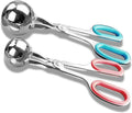Stainless meatball maker with teal and red anti-slip handles, 2-piece set.