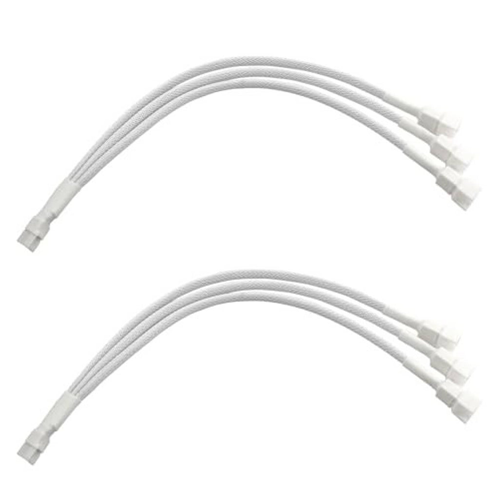 Two white 4-pin PWM fan splitter cables, one-to-three ends, 27cm length