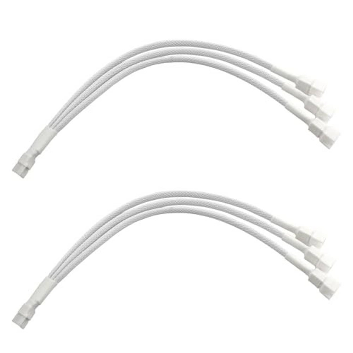 Two white 4-pin PWM fan splitter cables, one-to-three ends, 27cm length