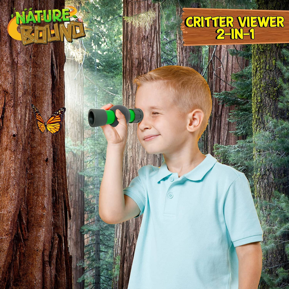 Child using a green 2-in-1 critter viewer microscope attachment to look through