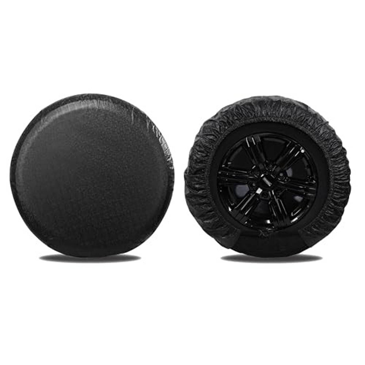 2 black RV wheel tire covers shown from front: one spare wheel cover with textured finish