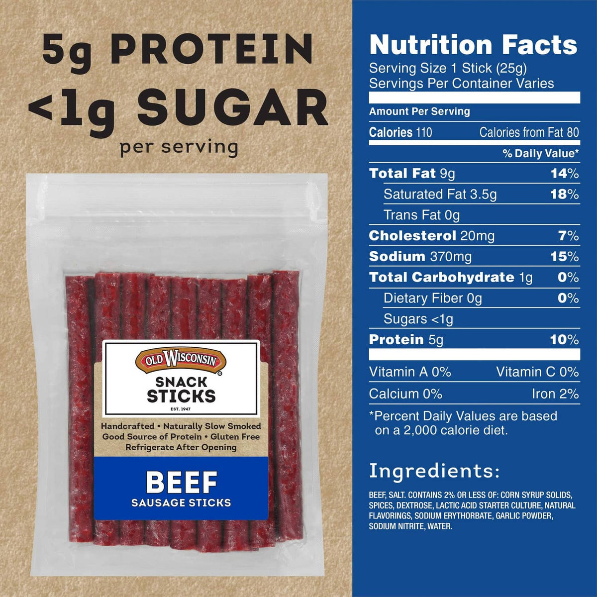 Nutrition facts panel on beef sausage snack sticks package