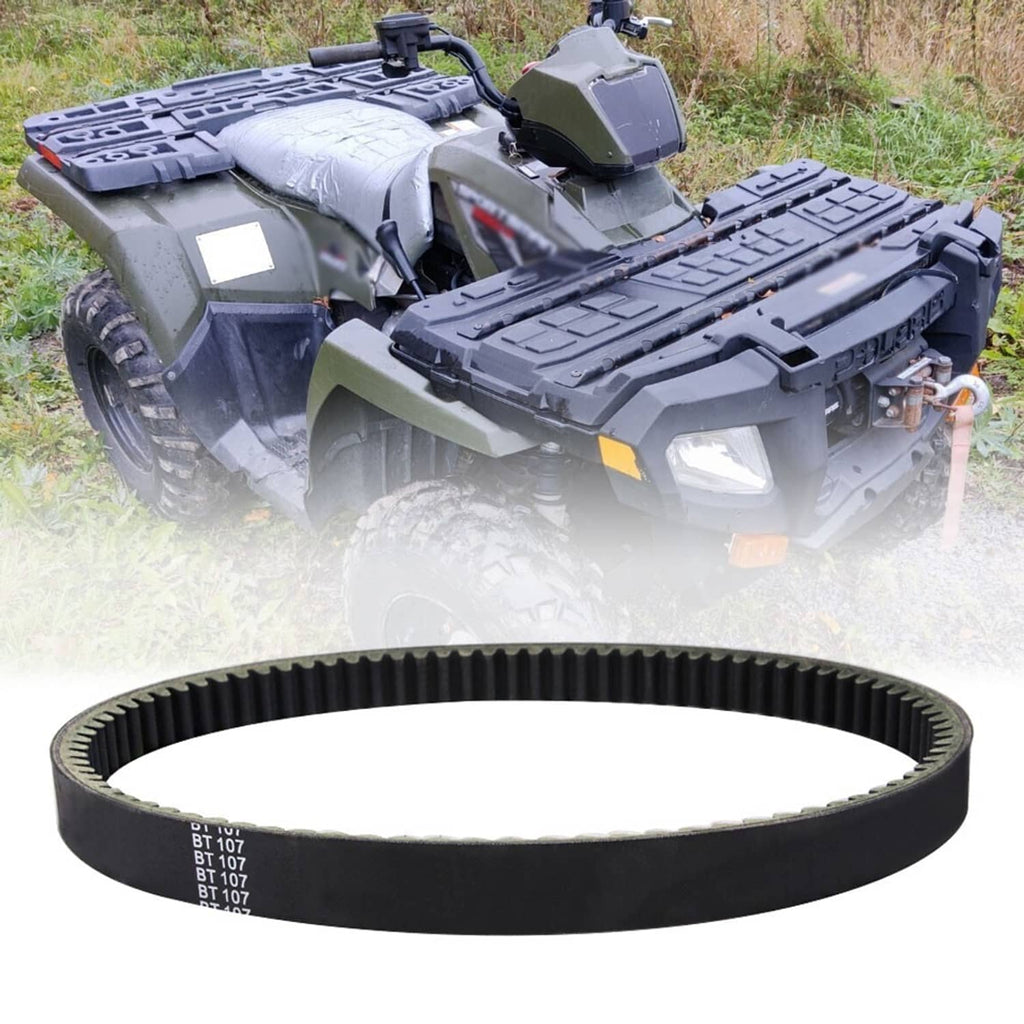 Black rubber drive belt loop with textured teeth; shown with an ATV in the background