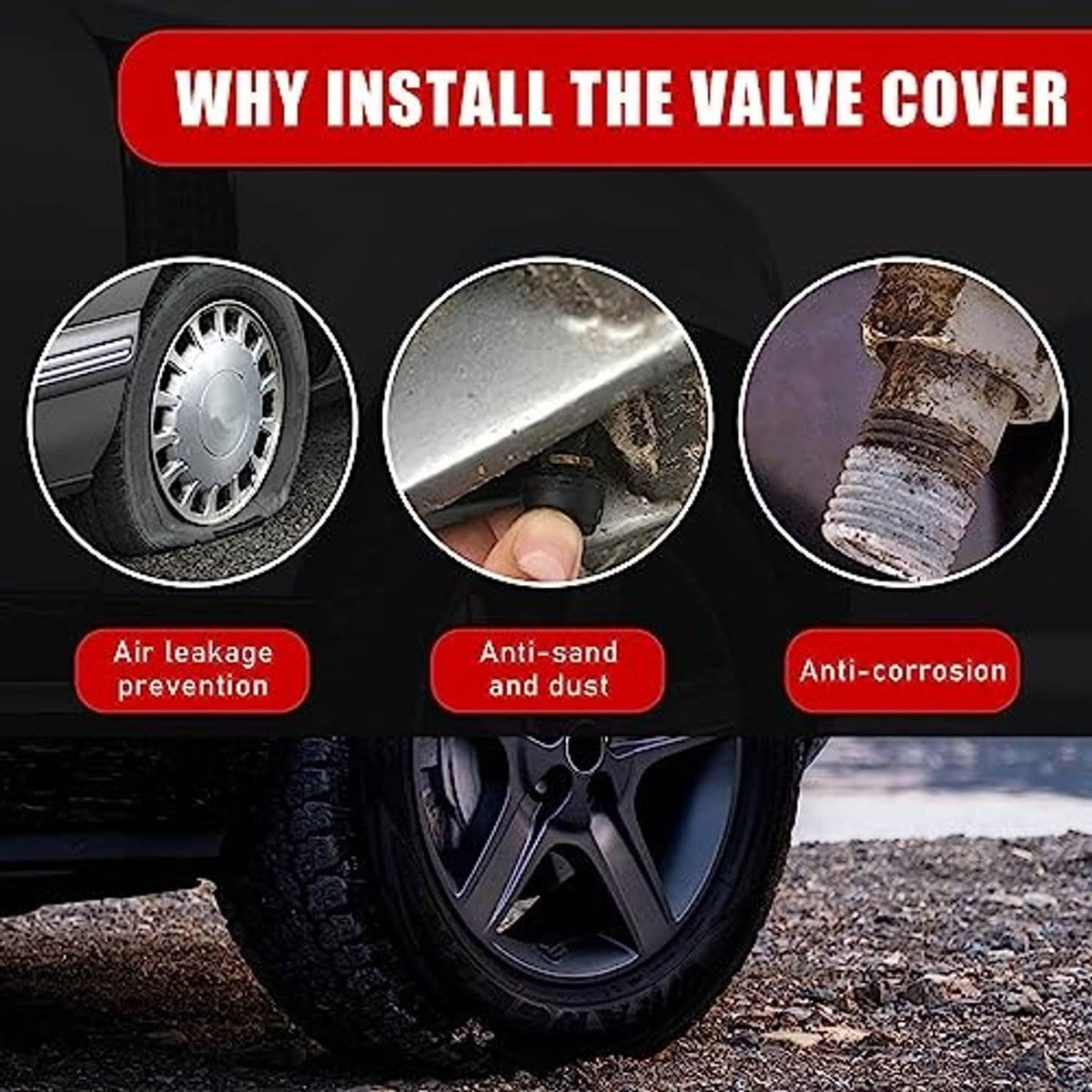 Black tire valve cover cap on wheel, designed to help prevent air leaks