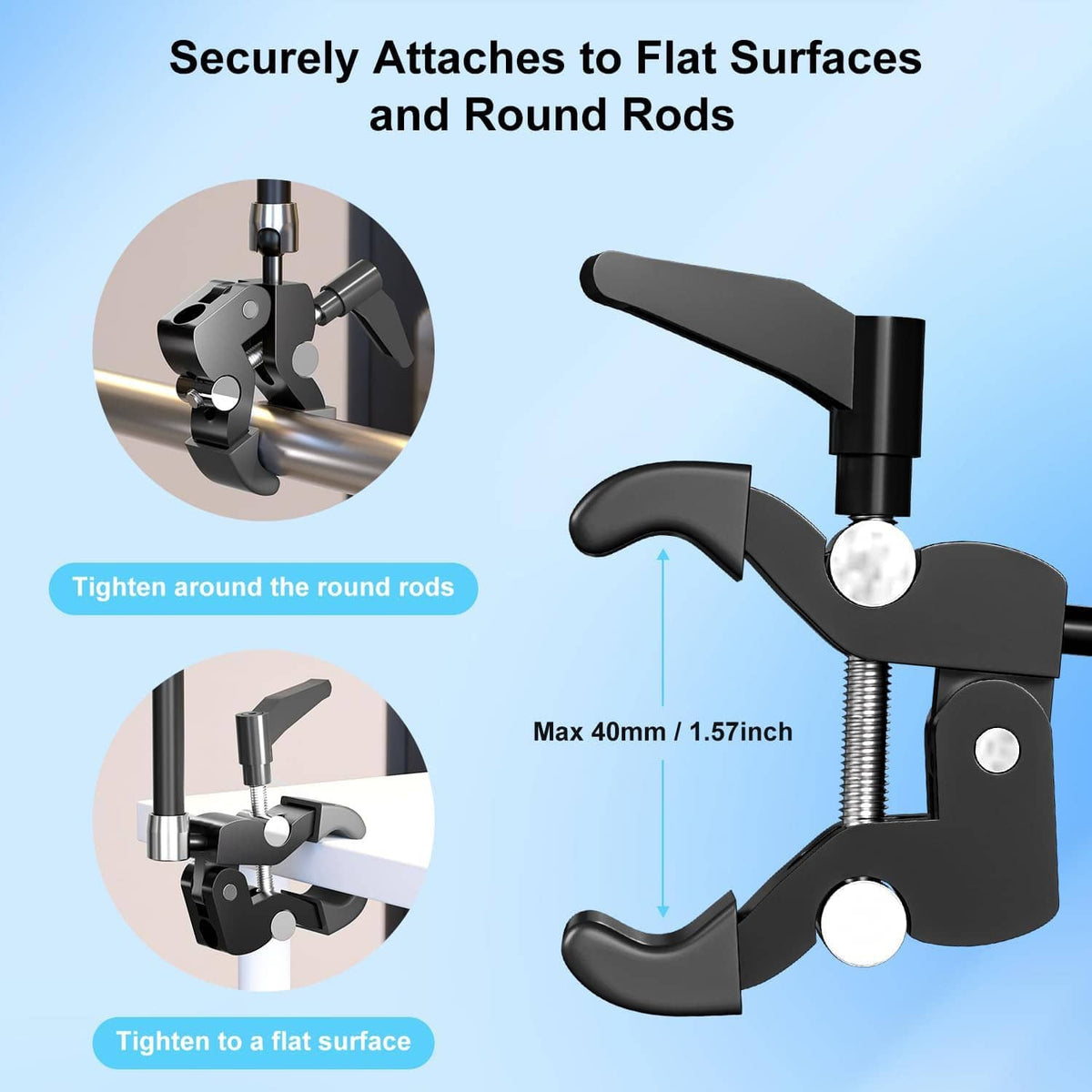 Black articulated clamp mount with jaws for flat surfaces and round rods