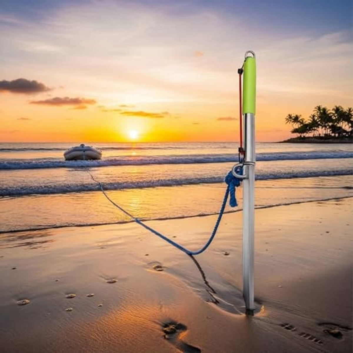 Sand spike boat anchor with neon green handle, silver pole, rope line attached.