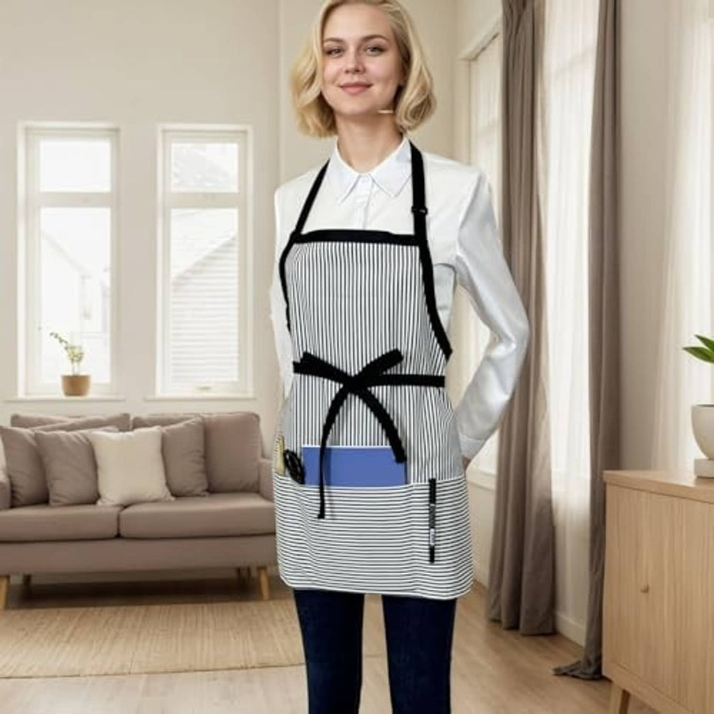 Black-and-white striped server apron with black straps, bib panel, and waist tie
