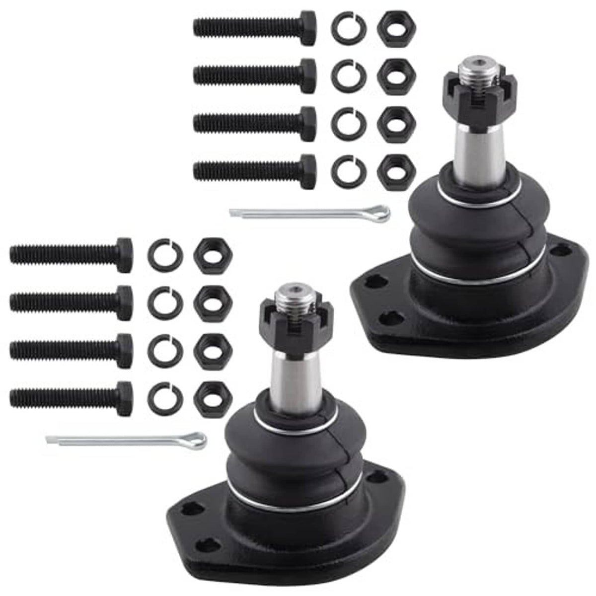 Set of 4 front ball joints with black rubber boots and steel housings, plus fasteners
