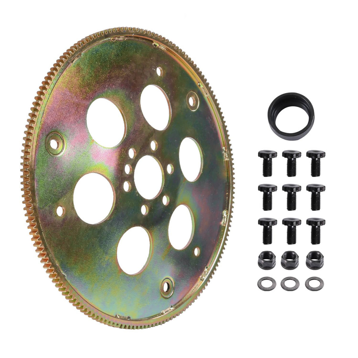 Rainbow-finish ring gear with mounting hardware kit, bolts and seals in a set