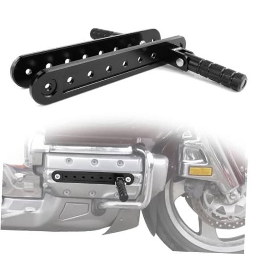 Black adjustable highway peg mount with perforated bar and textured footpeg