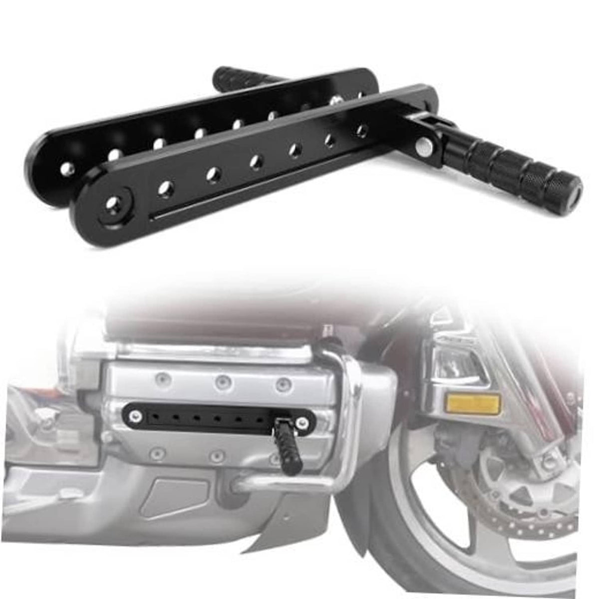 Black adjustable highway peg mount with perforated bar and textured footpeg