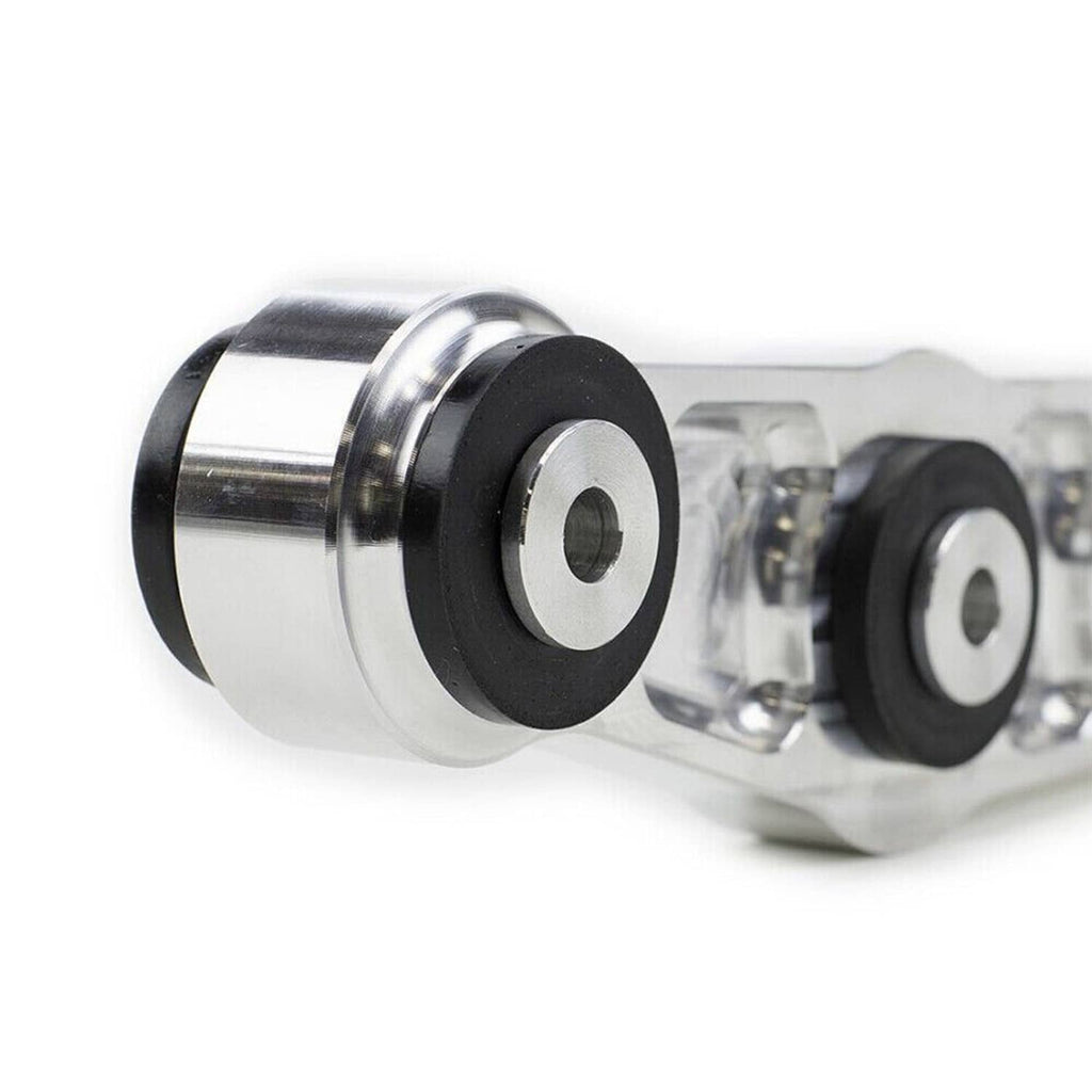 Rear brace tie bar end bushing with mounting hardware, silver metal and black rubber