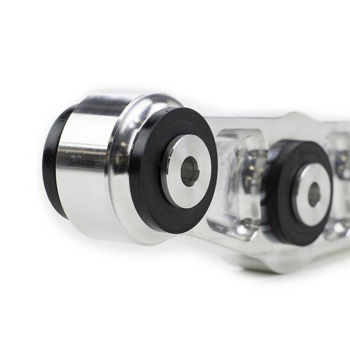 Rear brace tie bar end bushing with mounting hardware, silver metal and black rubber