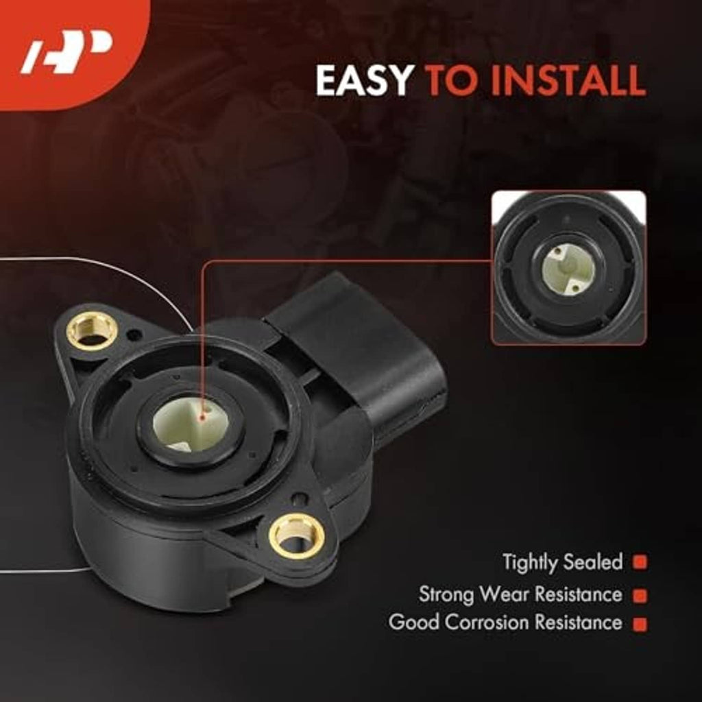 Angled view of black throttle position sensor with round housing and gold terminals