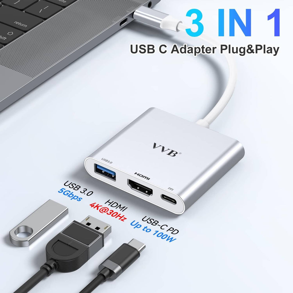 Silver adapter hub showing USB 3.0, HDMI, and USB-C PD ports in a compact body.