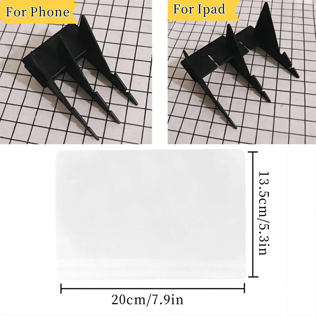 Portable optical tracing board with black phone stand and white guide sheet; size shown
