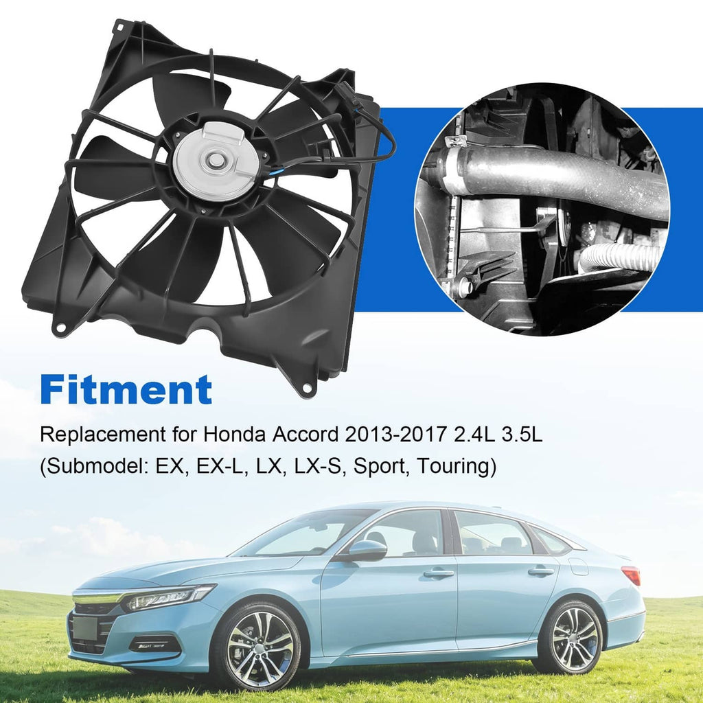 Radiator cooling fan assembly with black housing, blades, and side connector area