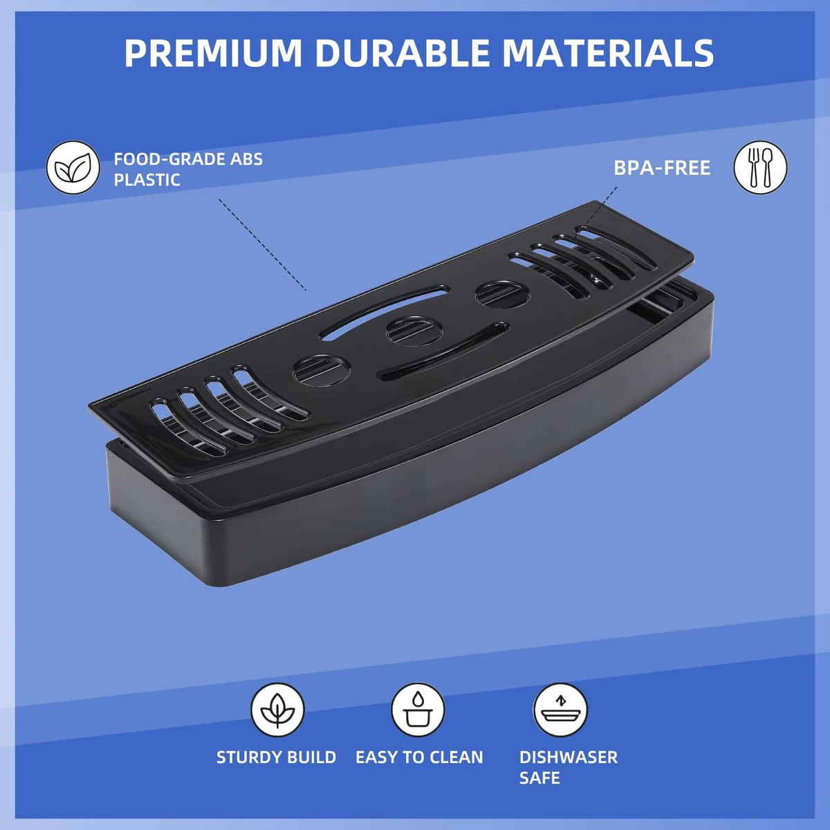 Black ABS front drip tray with slotted top and circular drain openings