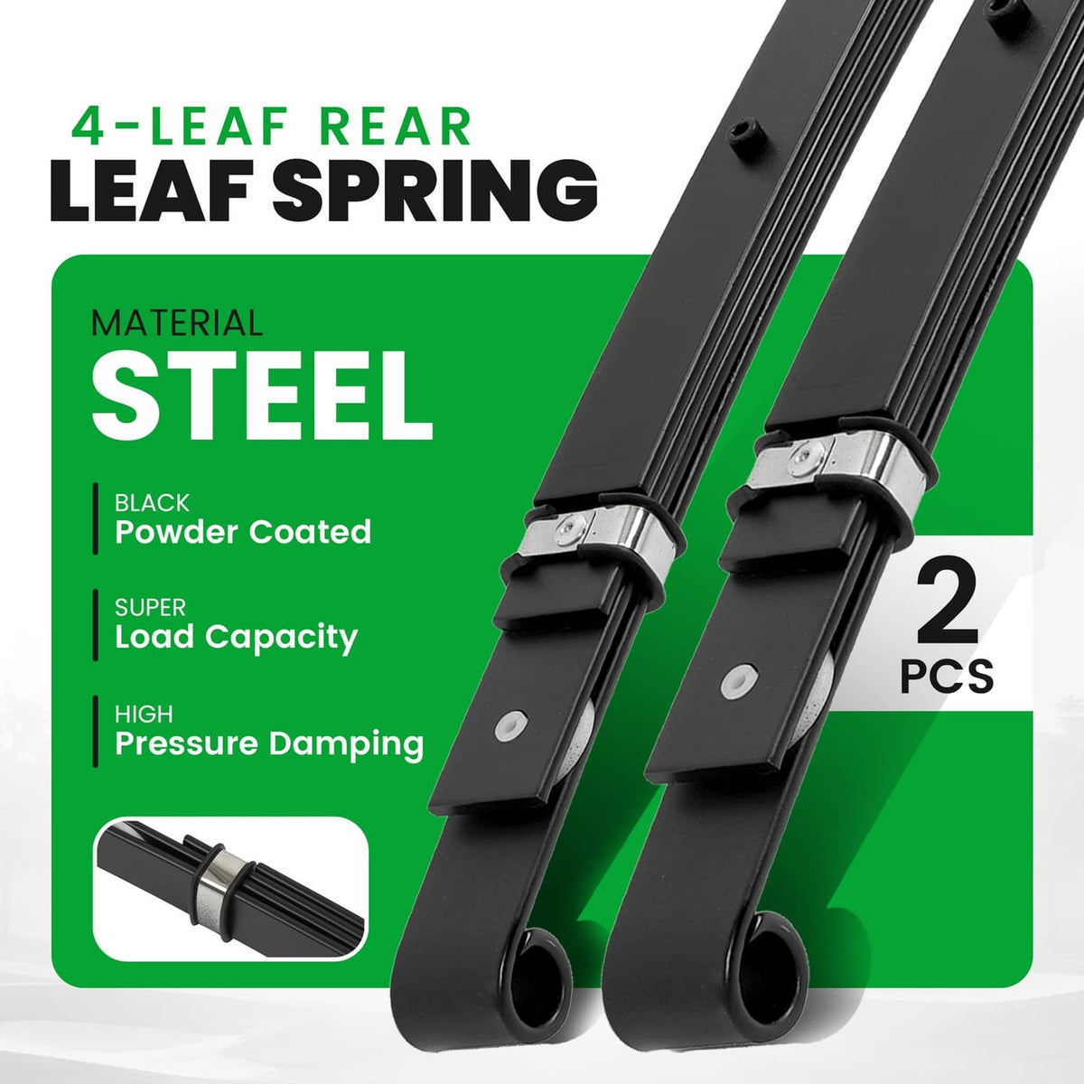 Black steel 4-leaf rear leaf spring pair with mounting brackets