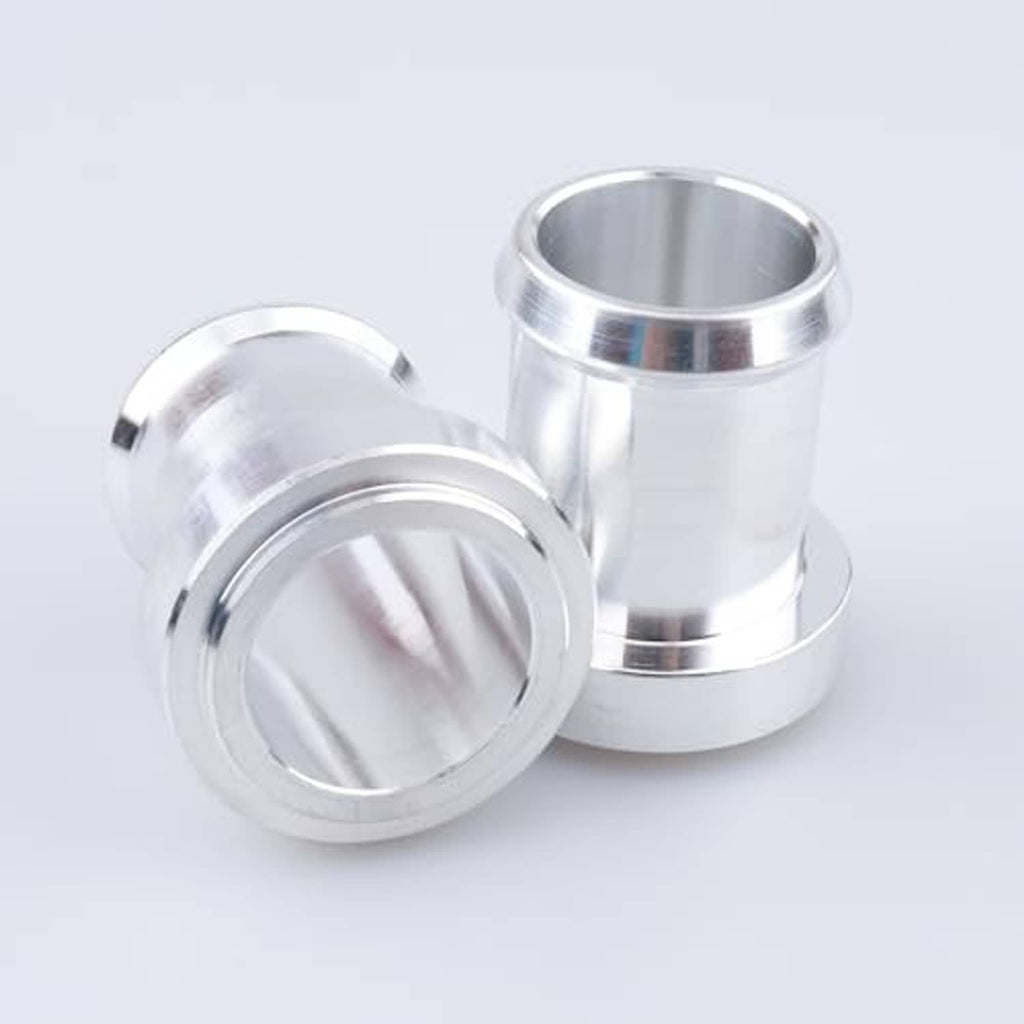 Stainless steel weldable hose barb tail fitting pair, one shown with open end