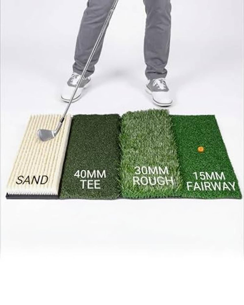Golf hitting mat showing sand, tee, rough, and fairway turf sections