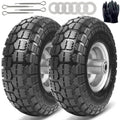 Black flat-free solid rubber tire with silver metal hub and deep block tread