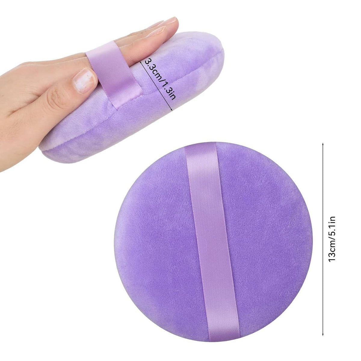 Lavender round velour puff with light-lavender strap, hand holding and size shown
