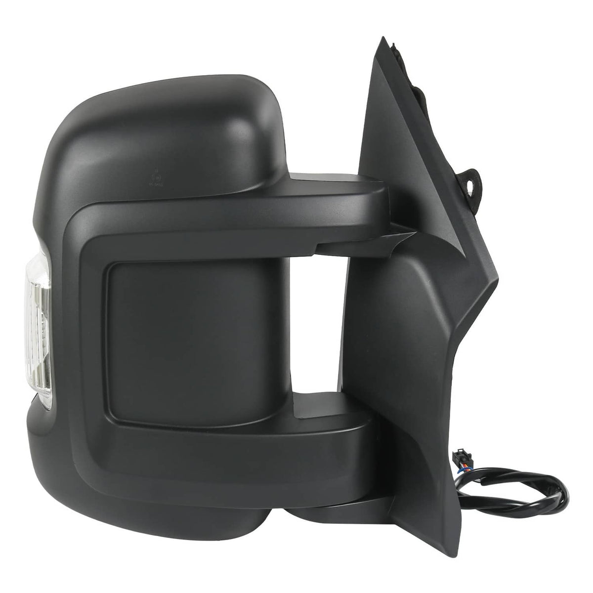 Right passenger door mirror with black housing, clear lens, and side mounting bracket