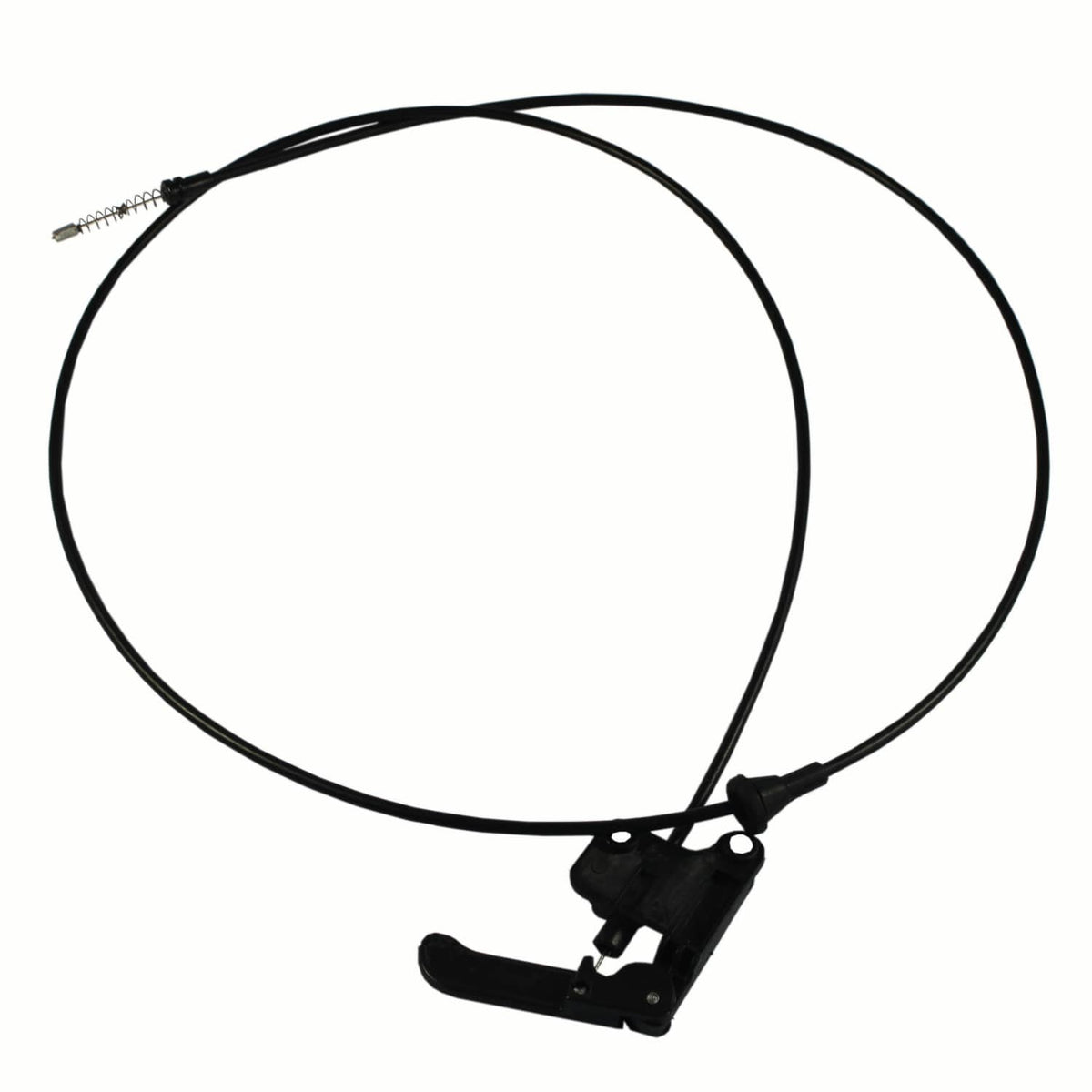 Hood release cable assembly with black handle and coiled spring end