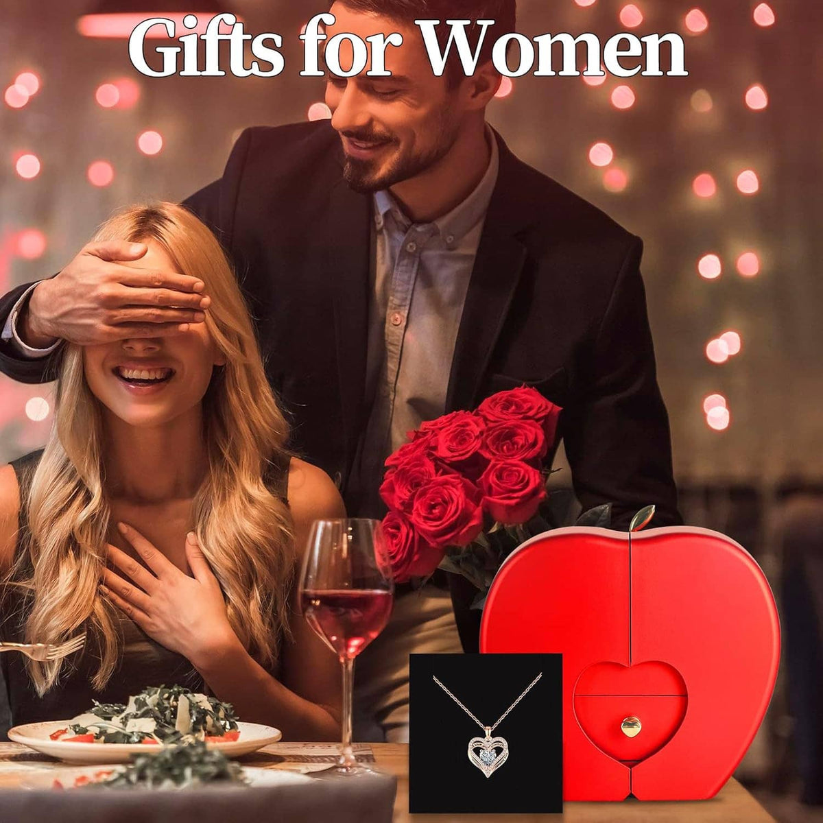 Woman and man at dinner with preserved red rose gift box and heart necklace