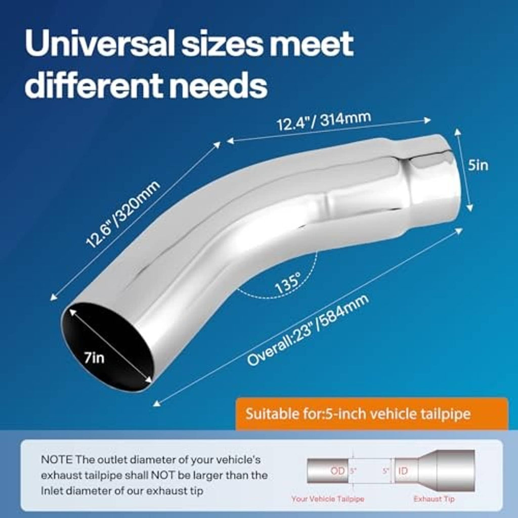 Universal silver exhaust elbow pipe, angled 5-inch inlet to 7-inch outlet