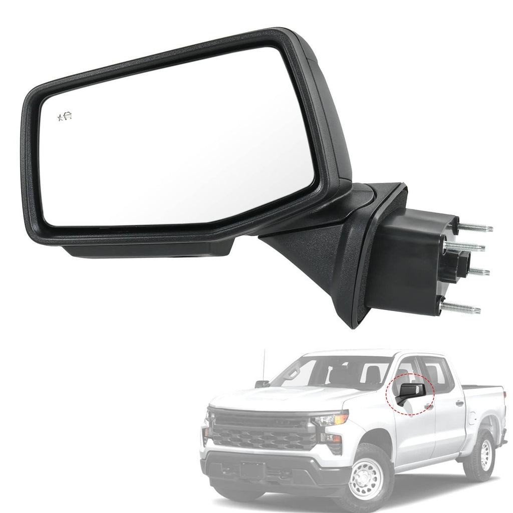 Black left driver-side door mirror with mounting pins and power plug