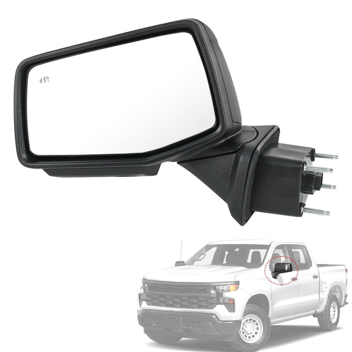 Black left driver-side door mirror with mounting pins and power plug