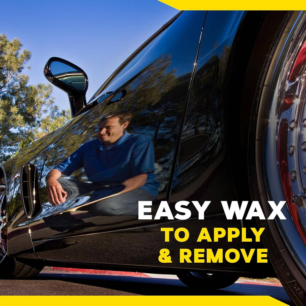 Cleaner wax application and removal promotional graphic with a dark car