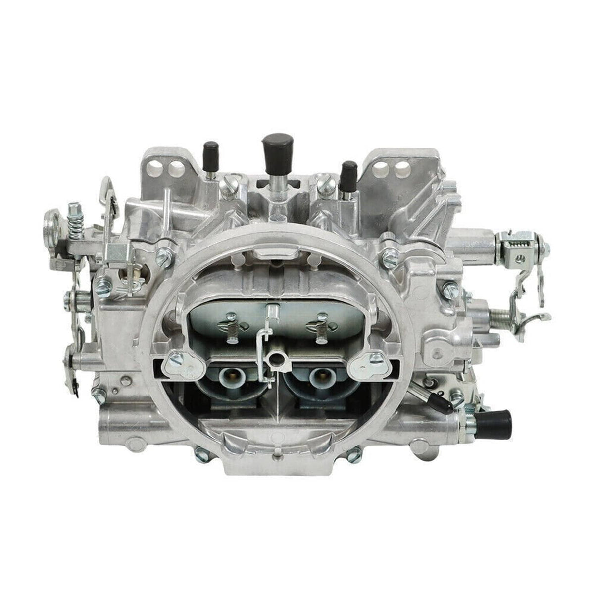 Four-barrel carburetor front view with air inlet and choke components