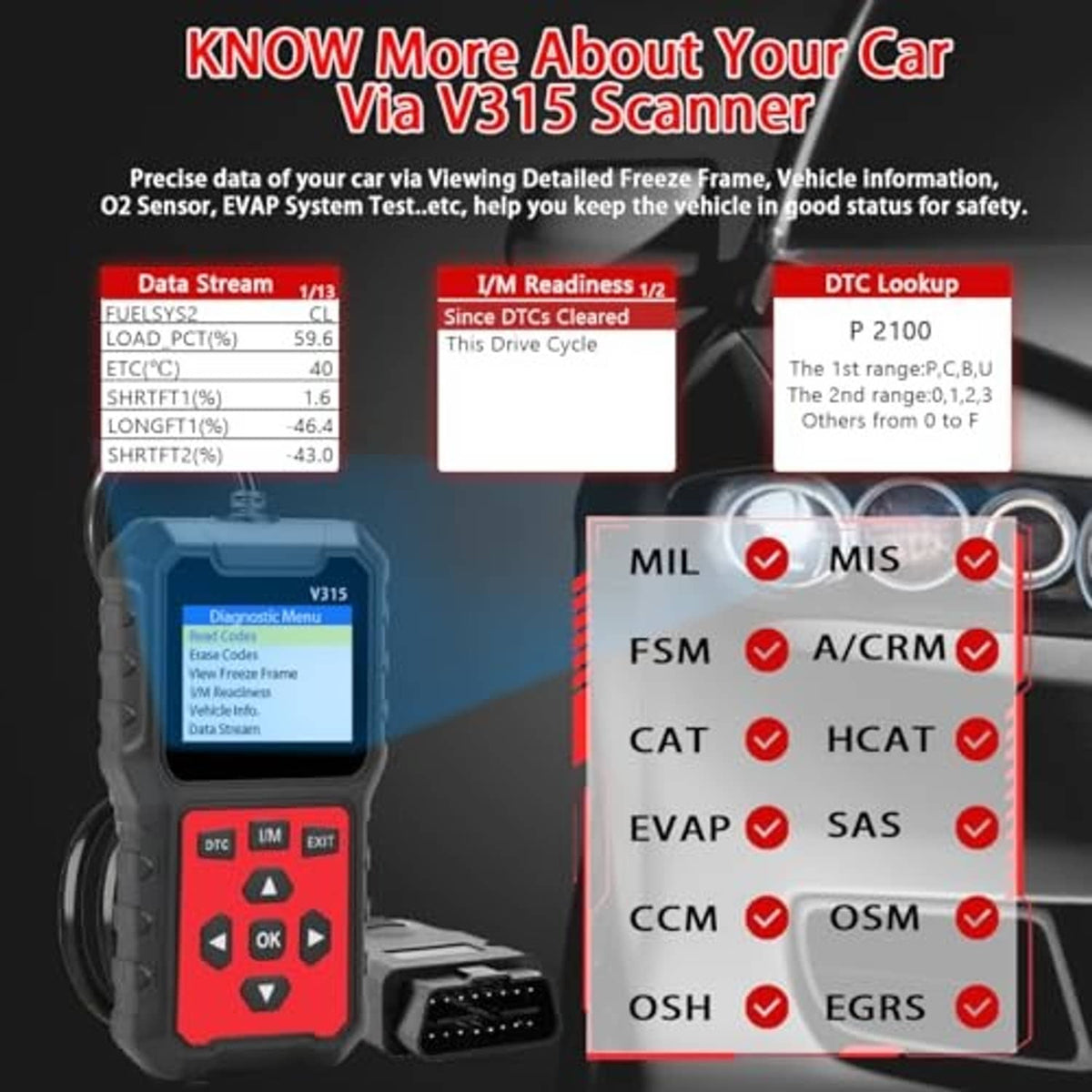 Handheld OBD2 scanner with Diagnostic Menu screen and red control buttons