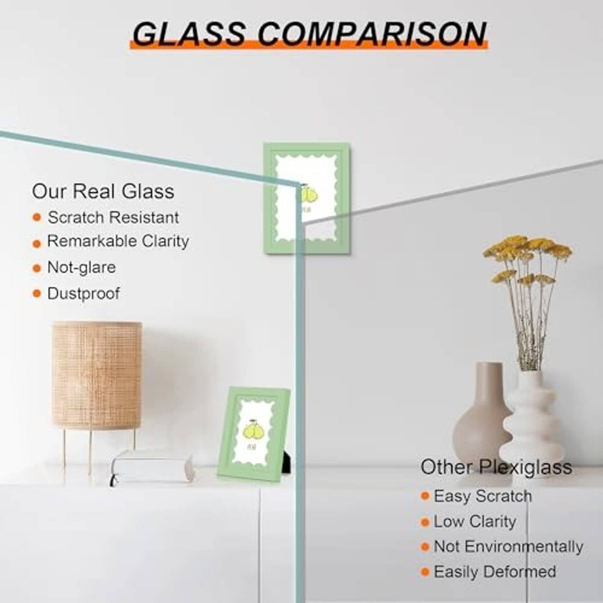 Sage green 10x10 solid wood picture frame with real glass, shown in glass comparison chart