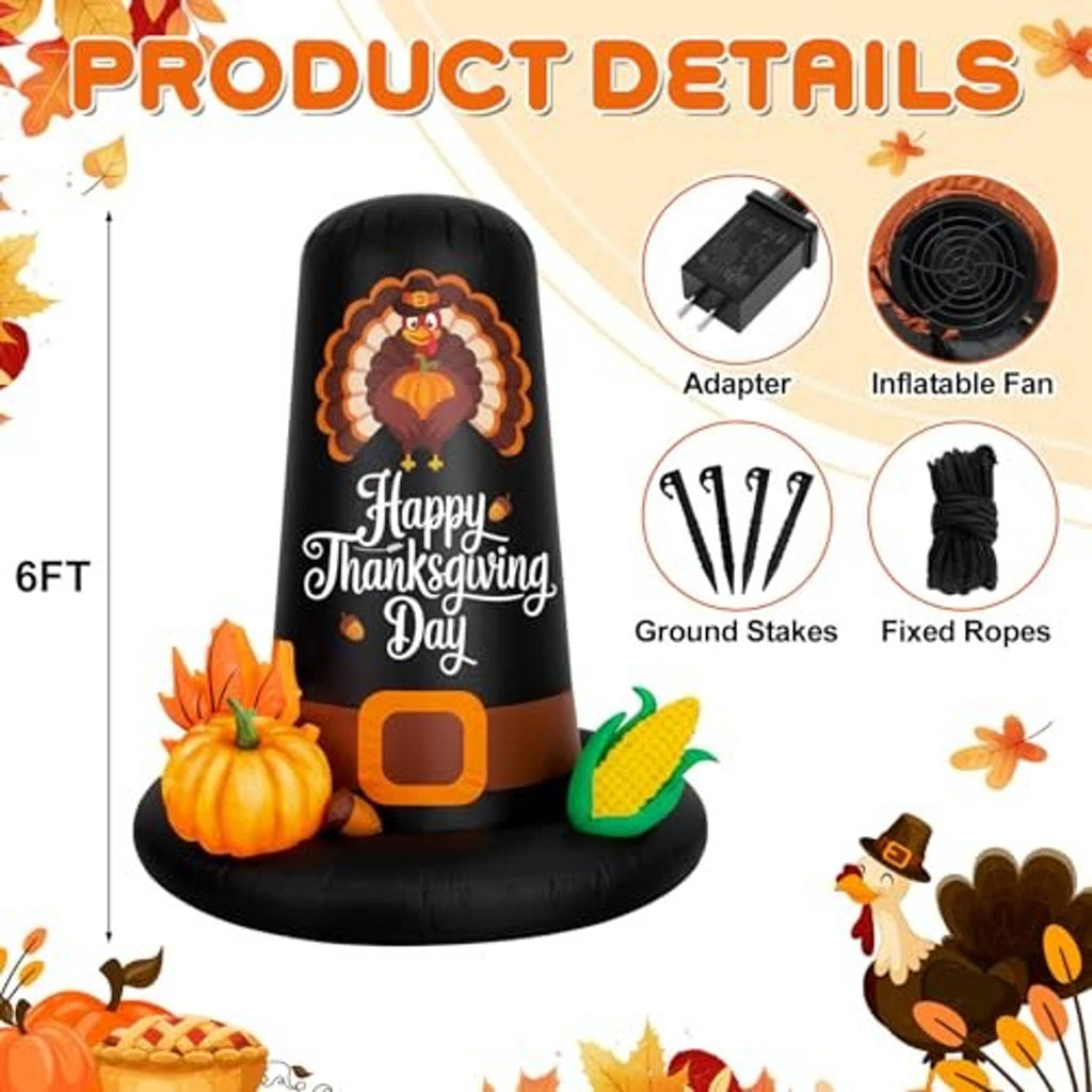 Inflatable 6 ft black pilgrim hat with adapter, inflatable fan, ground stakes and fixed ropes