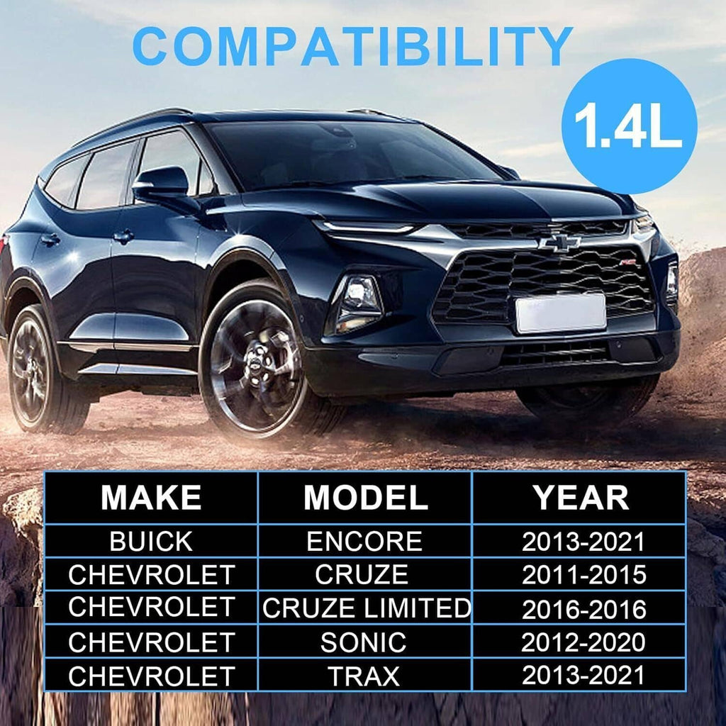 Turbocharger compatibility graphic showing vehicle illustration and model table