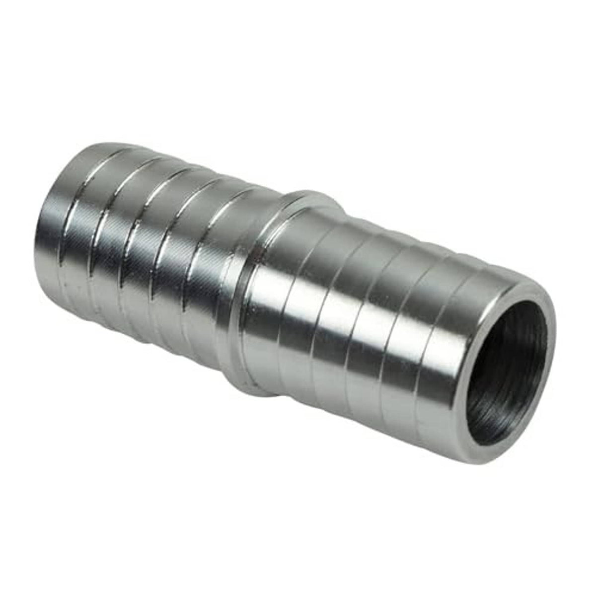 3/4 in hose barb splice coupler repair fitting, chrome-silver ribbed connector with threaded opening