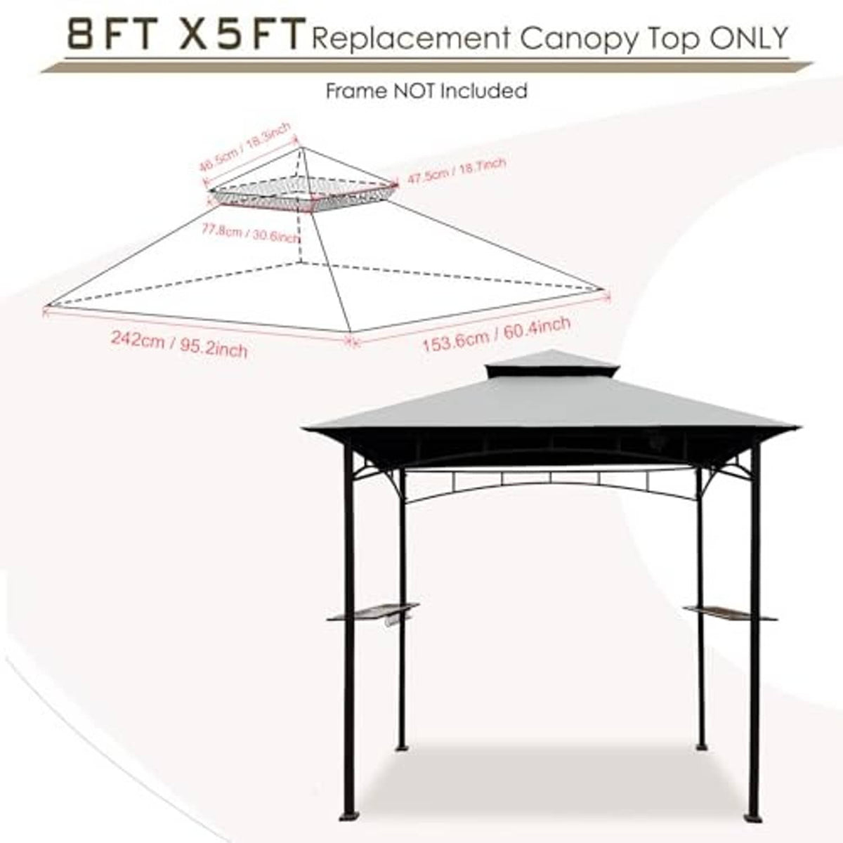 Gray replacement canopy top for grill gazebo, angled vented roof panel