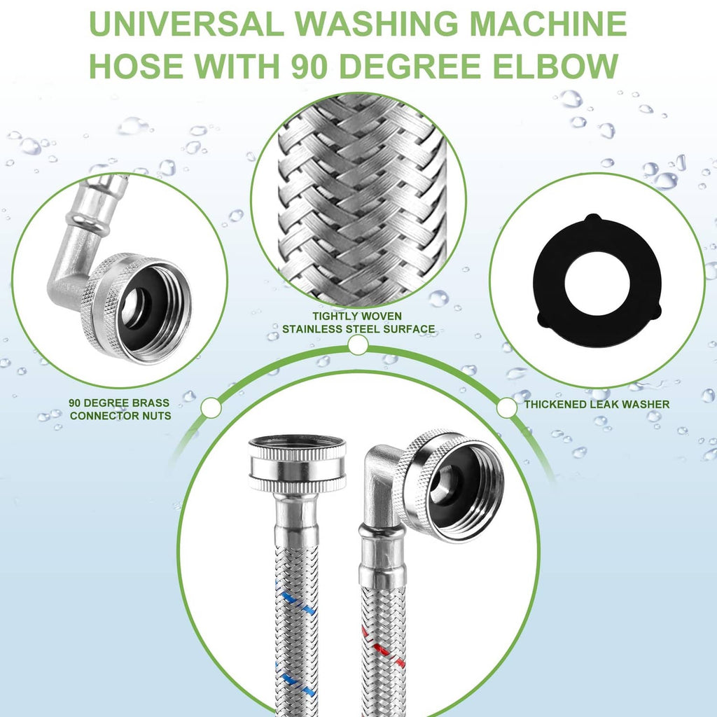 Universal washing machine hose with 90° elbow fitting and thick rubber washer