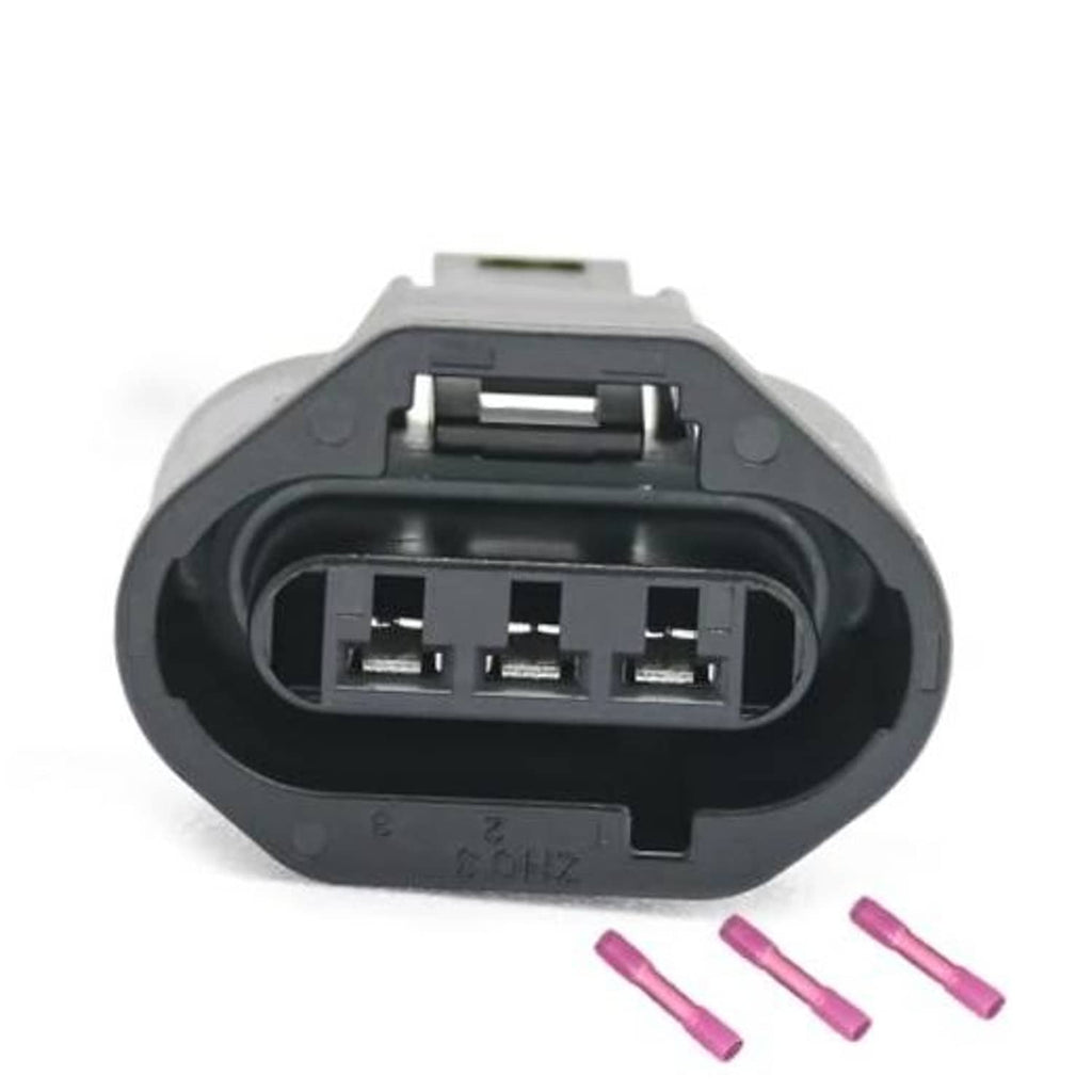 3-pin throttle sensor connector plug with gray housing, black interior, and pink terminals