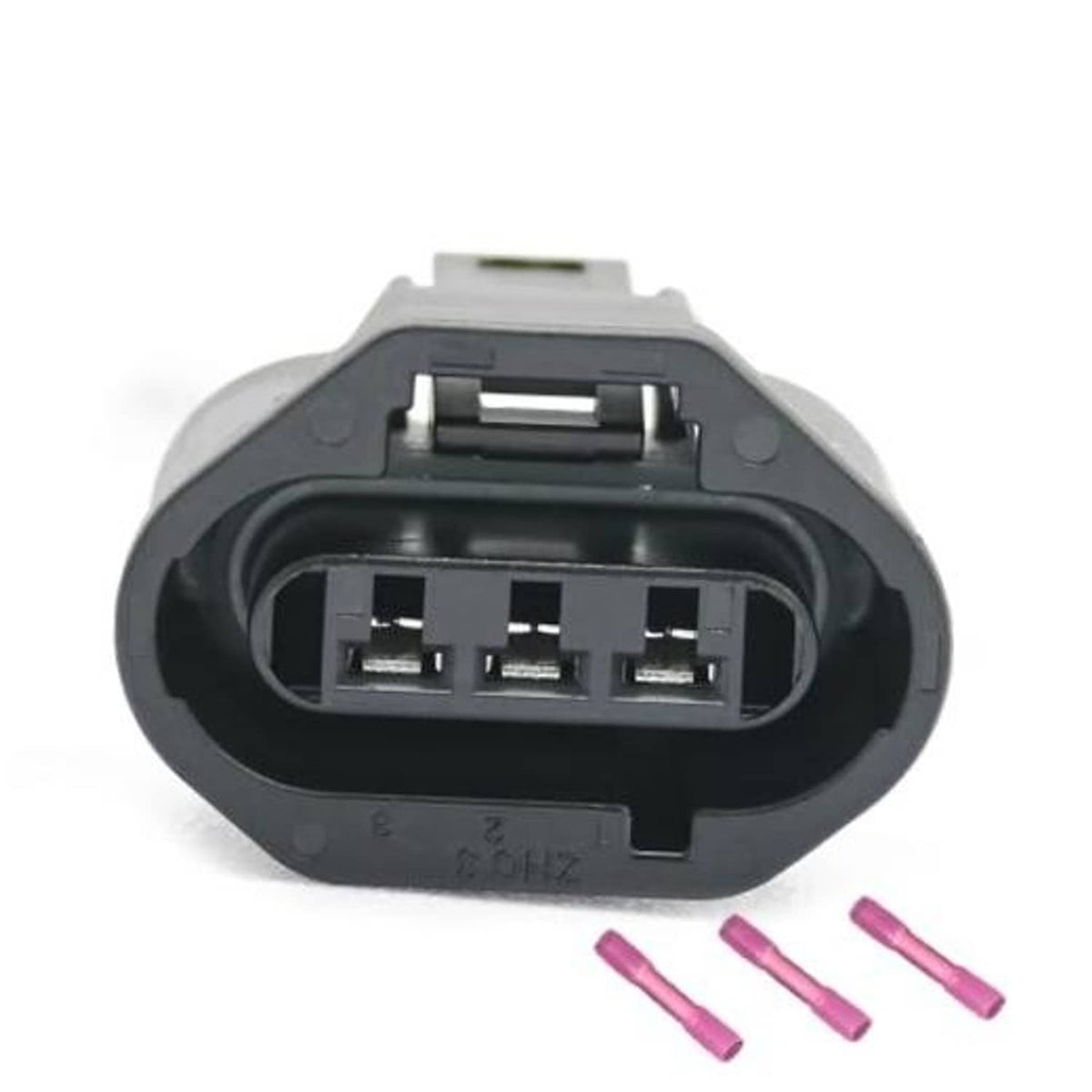 3-pin throttle sensor connector plug with gray housing, black interior, and pink terminals