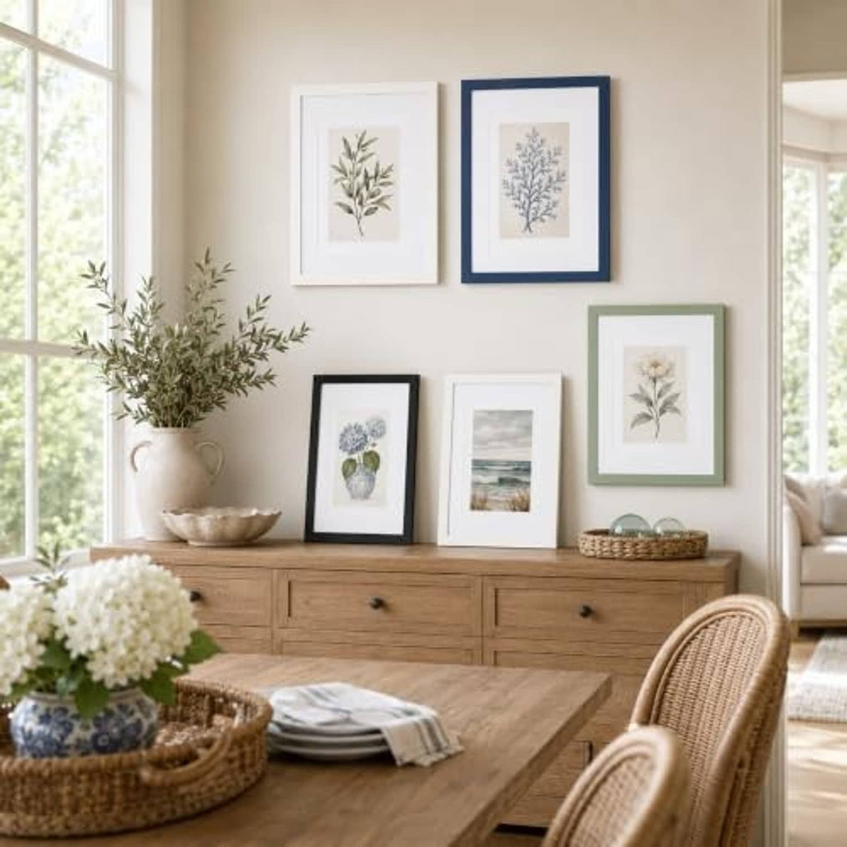 Navy 8x8 solid wood picture frame with white mat holding two botanical prints