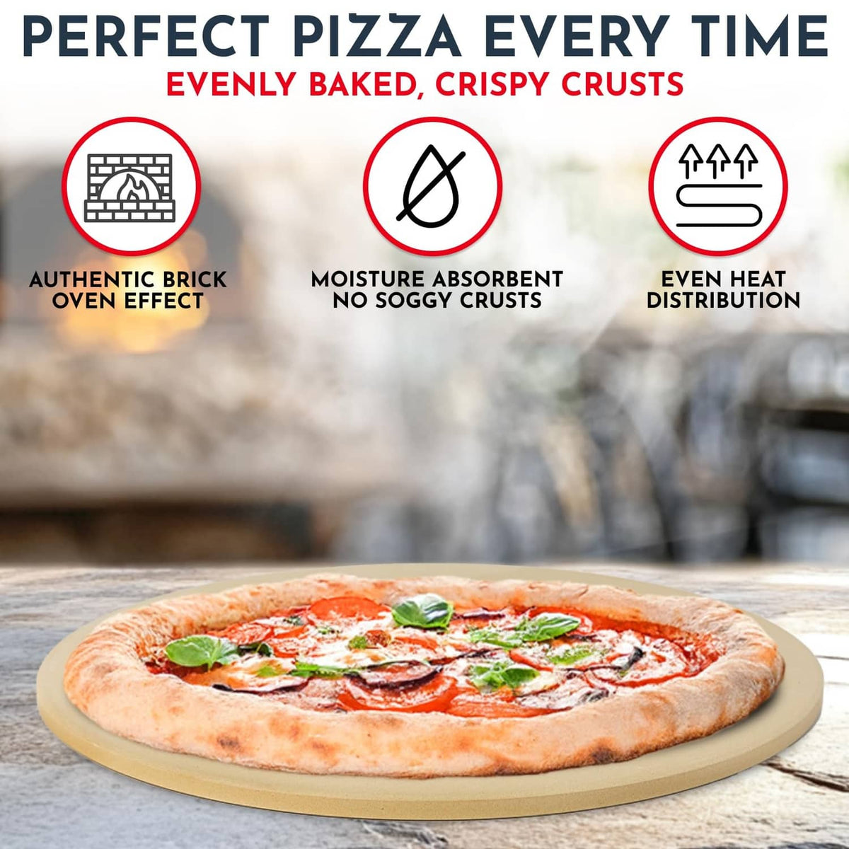 Beige round pizza stone with a baked veggie pizza on top.